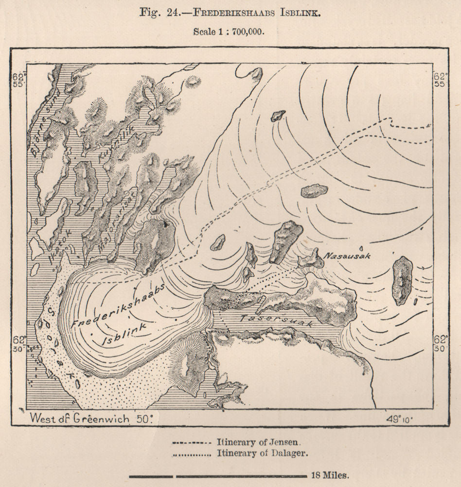 Frederikshaab Glacier/Isblink. Greenland 1885 old antique map plan chart